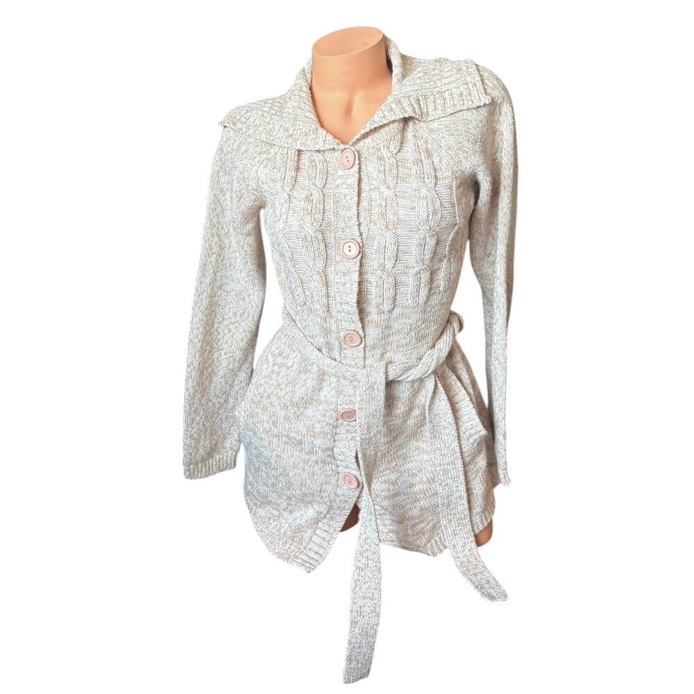 By Design womens Medium beige cable-knit shawl collar belted longline cardigan